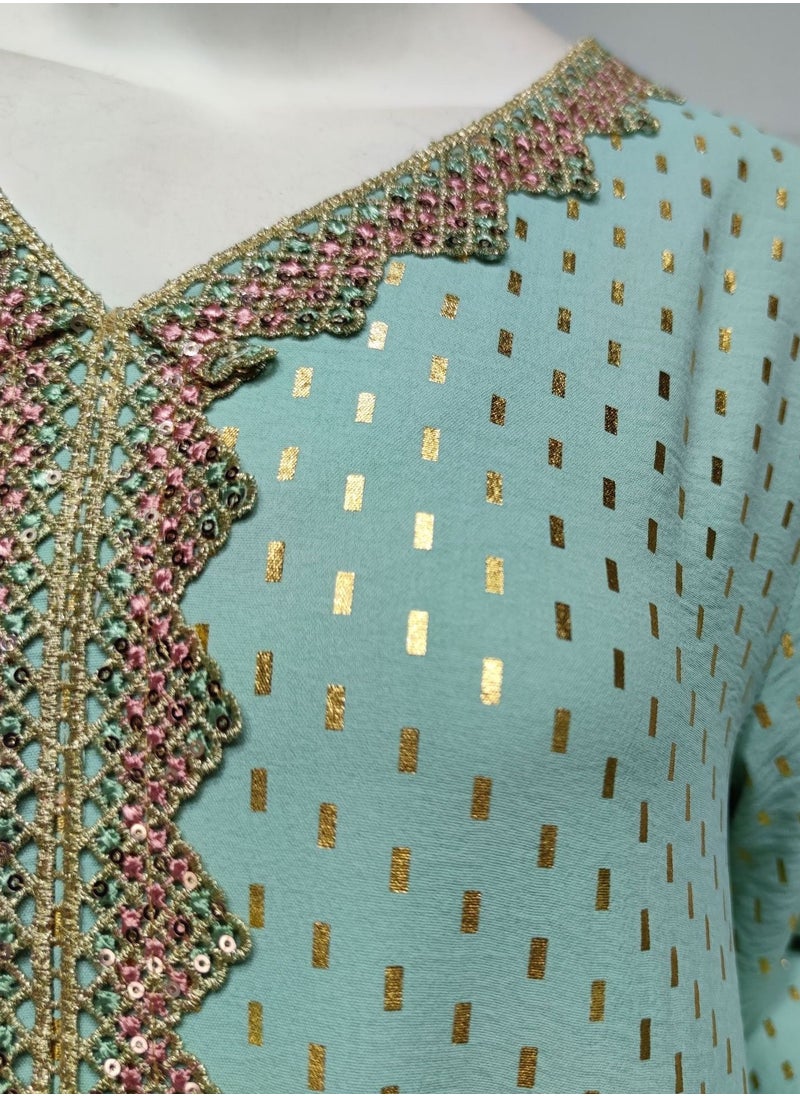 ShineShe - Stylish Light Green Gold Stamped Muslim Dubai abaya Jalabiya - Image 1