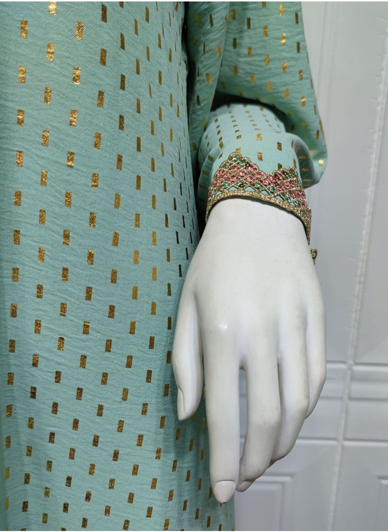 ShineShe - Stylish Light Green Gold Stamped Muslim Dubai abaya Jalabiya - Image 1