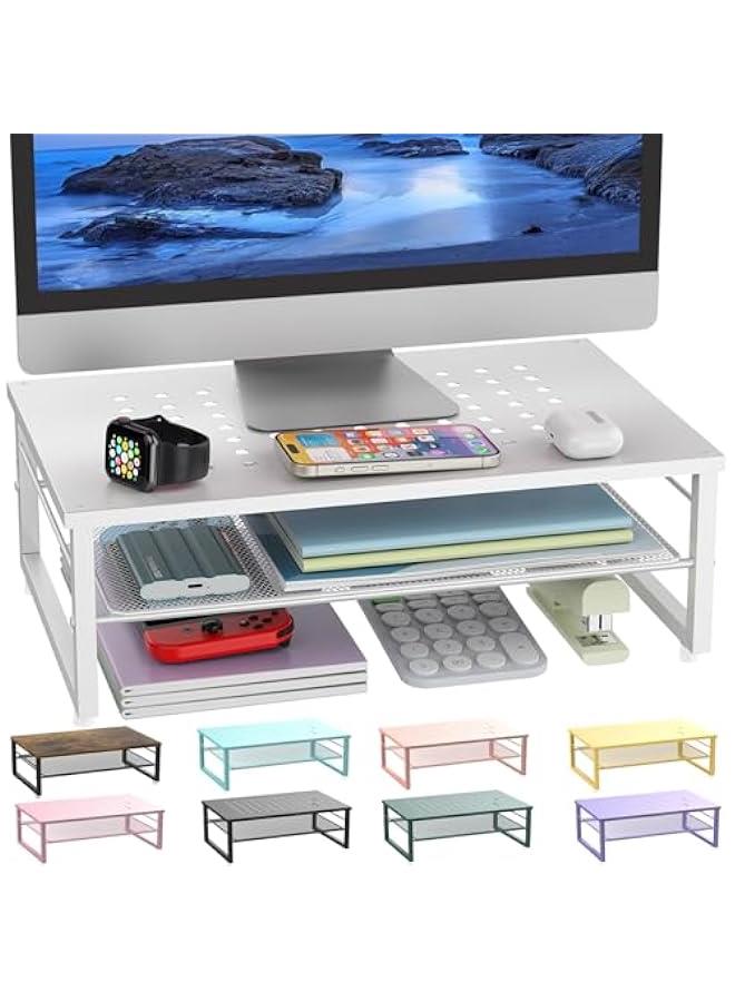Arabest 2-Tier Metal Monitor Stand Riser, Desk Accessories & Workspace Desk Organizers, Office Desk Storage Organizer for Office Supplies (White) - Image 1