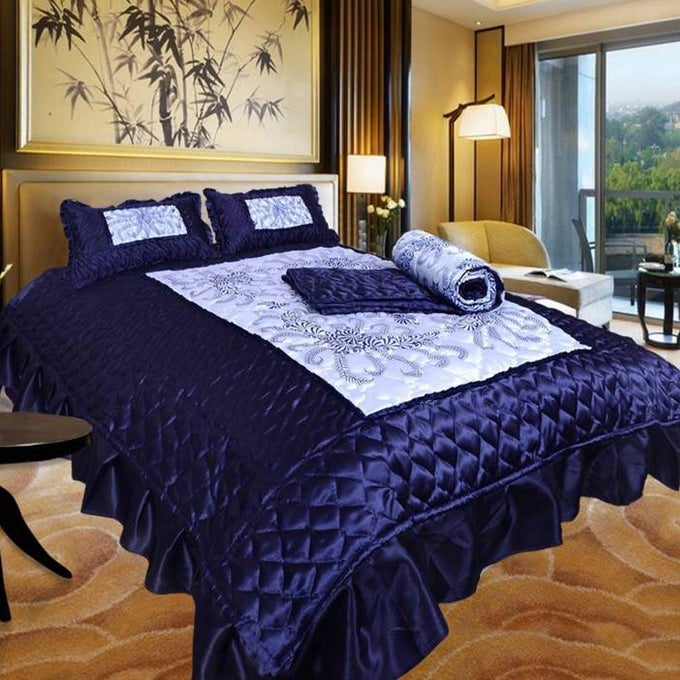 SATIN GOLD PRINTED 310 TC WEDDING BEDDING SETBEDSHEET WITH 2 PILLOW COVERS 1 AC COMFORTER FOR HOME LIVING ROOMBLUE SET OF 4PCVIP PRINT