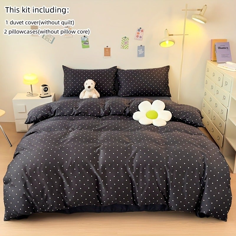 Black Polka Dot Print Bedding 3pcs Set Beige Duvet Cover And Pillowcases (Filling Not Included) - Image 1