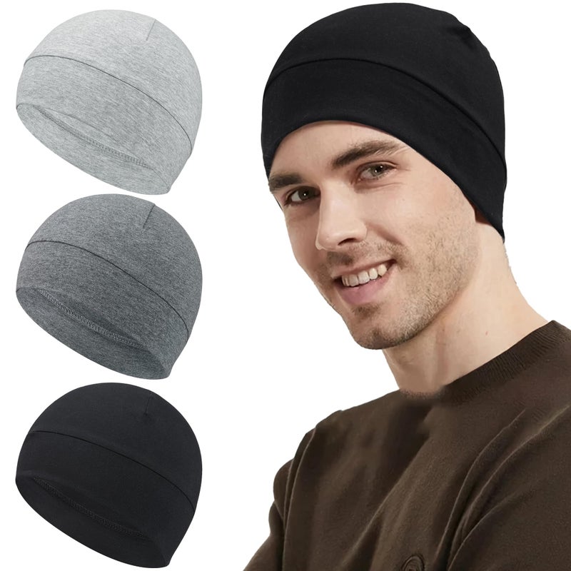 Qearl 3 PCS Cotton Skull CapsLightweight Beanie Sleep Hats Sweat Wicking Cycling Running Hat Helmet Liner for Men Women Multicolor - Image 2