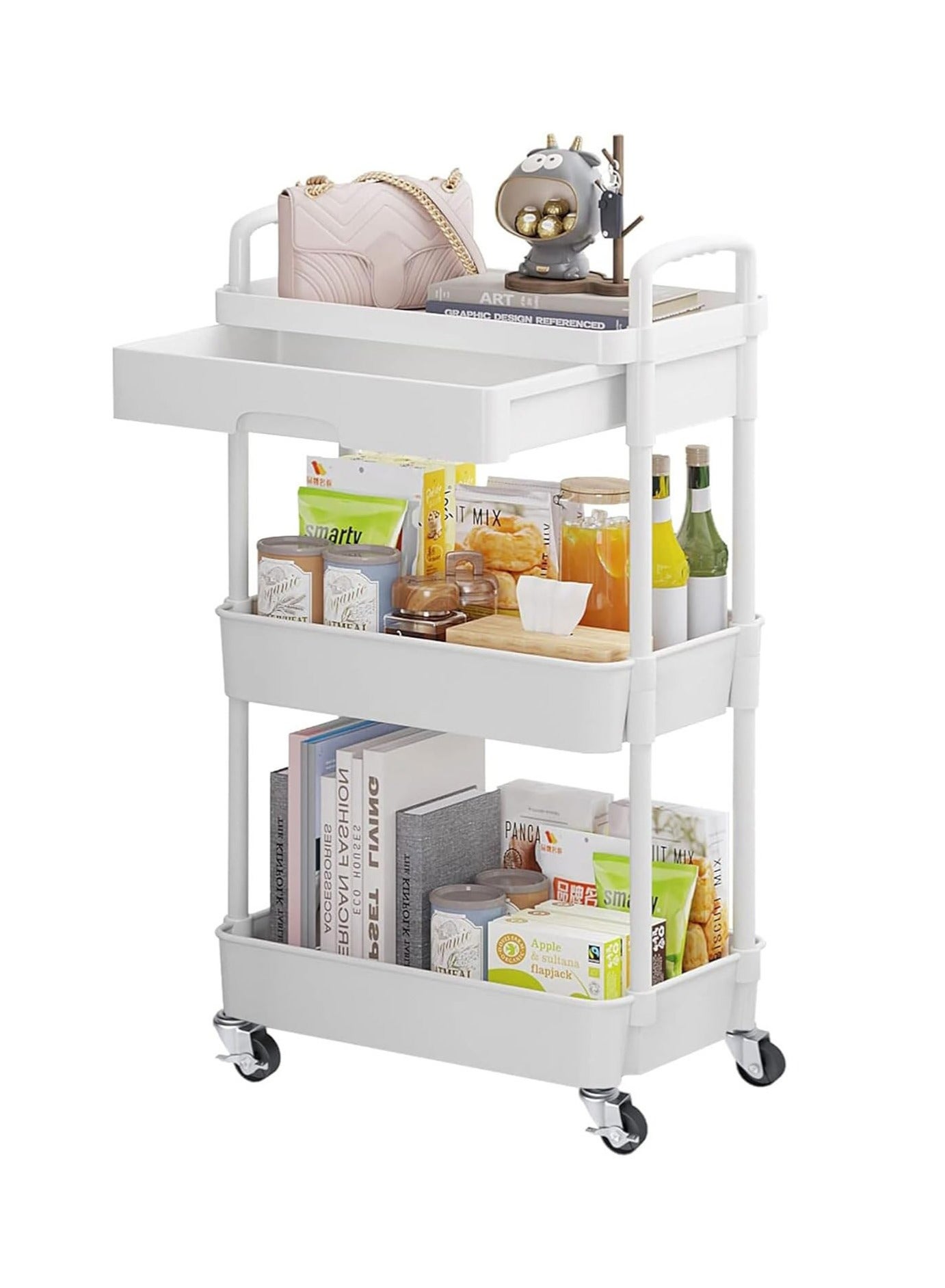 3-Tier Rolling Utility Cart with Drawer, Multifunctional Storage Organizer with Plastic Shelf Metal Wheels, Storage Cart for Kitchen, Bathroom, Living Room, Office (White)