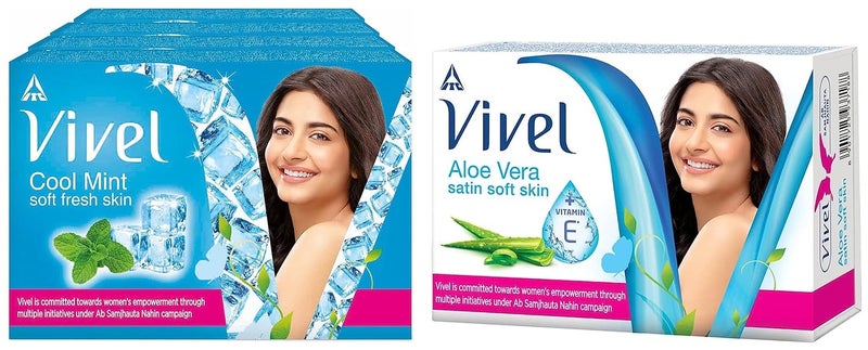 Vivel Aloe Vera Bathing Soap with Vitamin E for Soft Glowing skin Cool Mint Bathing Soap with Menthol for Soft Refreshing skin Combo Pack 150g Pack of 4 - Image 1