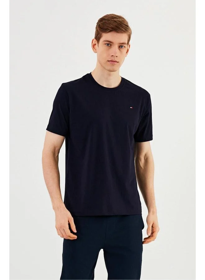 mmetalic Men's Crew Neck T-Shirt 100% Cotton Embroidered Detail Basic Navy T-Shirt MTLCE89
