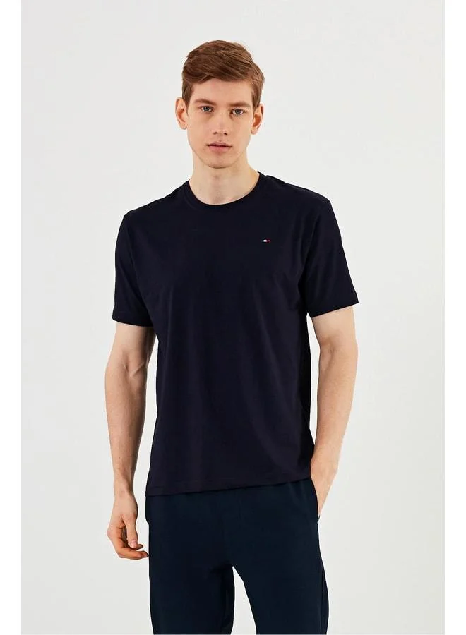 mmetalic Men's Crew Neck T-Shirt 100% Cotton Embroidered Detail Basic Navy T-Shirt MTLCE89