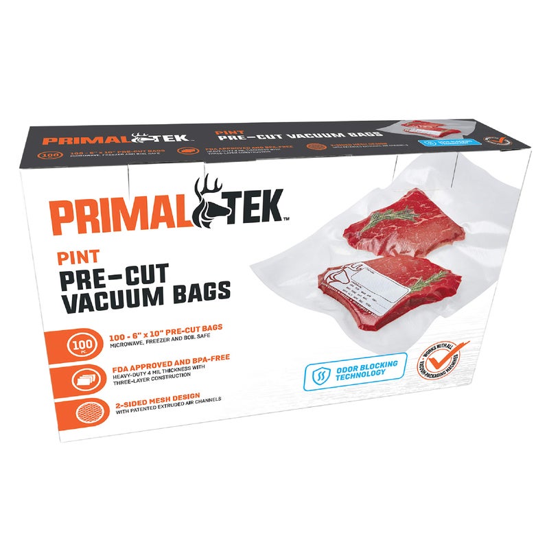 PrimalTek 6 x 10 PreCut Vacuum Bags  100 Pint Bags for Food Preservation  BPAFree Vacuum Sealer Bags Microwave Freezer and Boil Safe Compatible with any Vacuum Sealer Machine