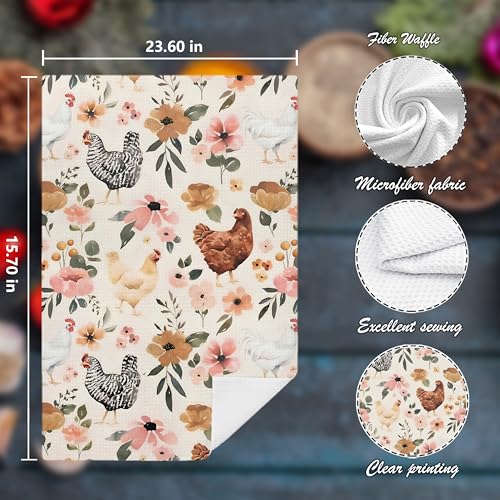 Nipil Chicken Kitchen Towels Set of 2,Chicken Gifts for Women, Chicken Mom Lady Gifts, Chicken Gifts for Chicken Lovers, Chicken Floral Hand Towels for Bathroom,16x24 Inch - Image 2