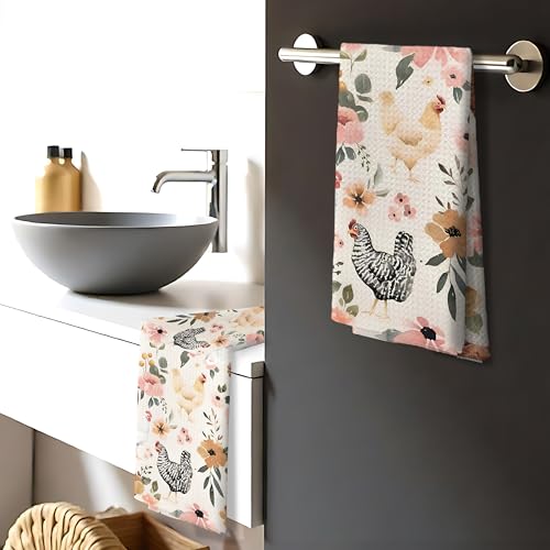 Nipil Chicken Kitchen Towels Set of 2,Chicken Gifts for Women, Chicken Mom Lady Gifts, Chicken Gifts for Chicken Lovers, Chicken Floral Hand Towels for Bathroom,16x24 Inch - Image 4