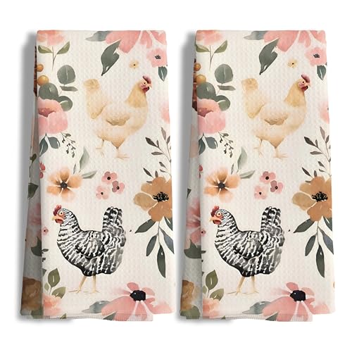 Nipil Chicken Kitchen Towels Set of 2,Chicken Gifts for Women, Chicken Mom Lady Gifts, Chicken Gifts for Chicken Lovers, Chicken Floral Hand Towels for Bathroom,16x24 Inch - Image 1