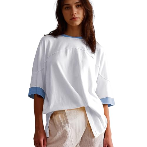 Songling Womens 3/4 Length Sleeve Casual Loose Fit Summer Tee Shirt Basics Cotton t Shirts Trendy Tops White - Image 1