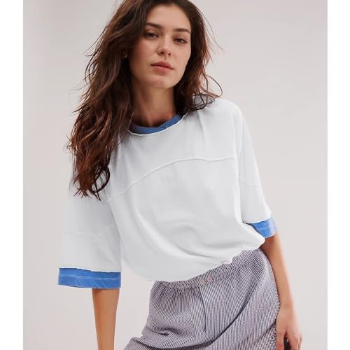 Songling Womens 3/4 Length Sleeve Casual Loose Fit Summer Tee Shirt Basics Cotton t Shirts Trendy Tops White - Image 4