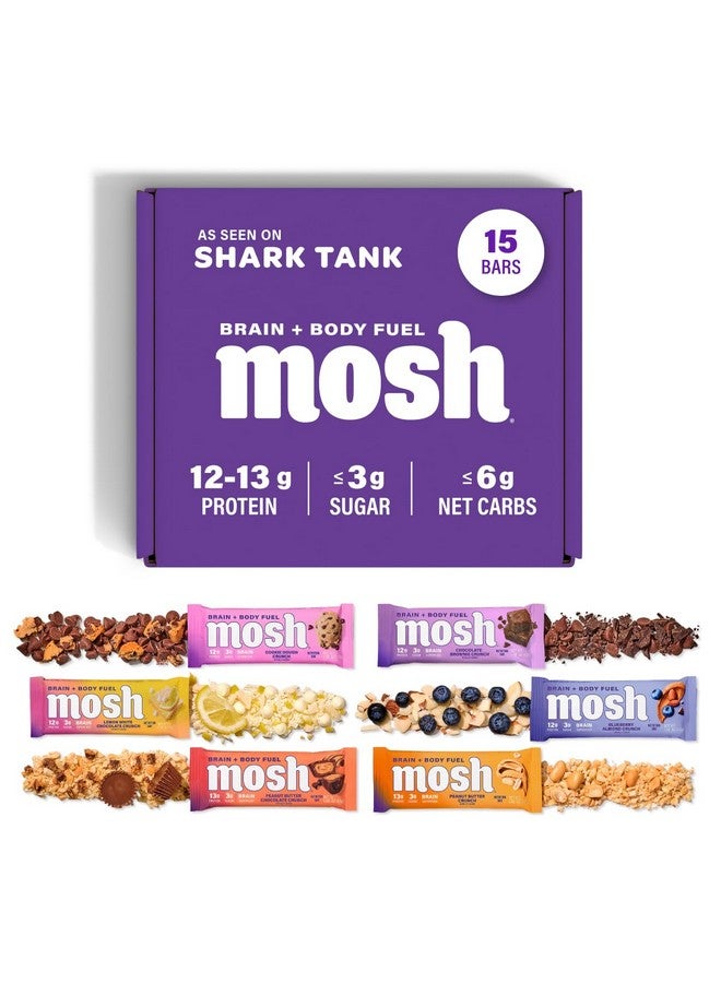 MOSH MOSH Variety Pack Keto Protein Bars, High Fiber, Low Carb, Gluten Free, High Protein, Brain Healthy Snack with Ashwagandha, Lion's Mane, 15 Count  - Image 1