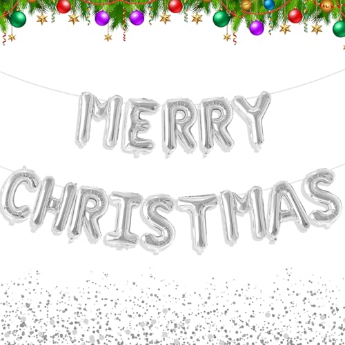 Tellpet Merry Christmas Balloons Banner Party Decorations Silver - Image 1