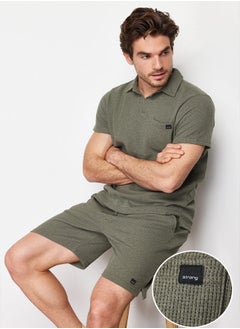 trendyol Khaki Regular/Normal Cut Polo Collar Labeled T-Shirt Shorts Tracksuit Set TMNSS23EM00003  - Image 1