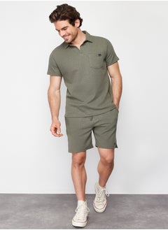 trendyol Khaki Regular/Normal Cut Polo Collar Labeled T-Shirt Shorts Tracksuit Set TMNSS23EM00003  - Image 3