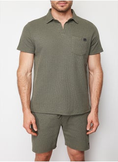 trendyol Khaki Regular/Normal Cut Polo Collar Labeled T-Shirt Shorts Tracksuit Set TMNSS23EM00003  - Image 5