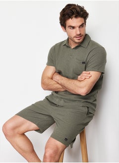 trendyol Khaki Regular/Normal Cut Polo Collar Labeled T-Shirt Shorts Tracksuit Set TMNSS23EM00003  - Image 2
