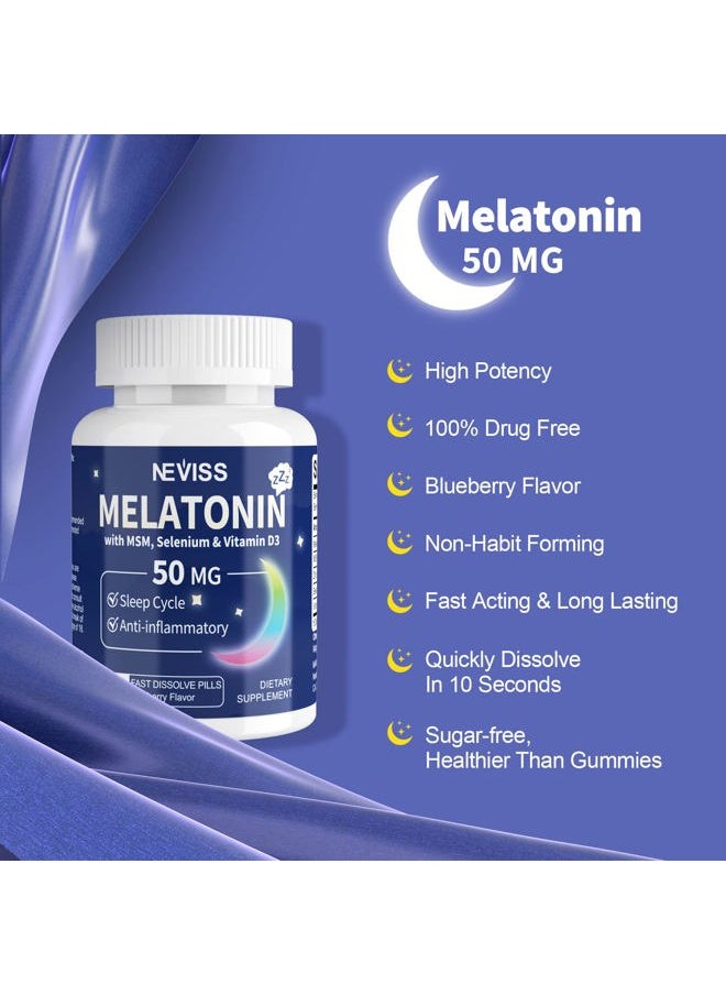 NEVISS - Melatonin 50 mg for Adults - Fast Dissolve & Chewable Sublingual Melatonin Supplement - Extra Strength Melatonin with Vitamin D3 & MSM, Selenium for Health Rest Cycle, Deep Zzzs,Sugar-Free,60 Servings - Image 1