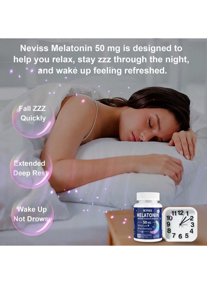 NEVISS - Melatonin 50 mg for Adults - Fast Dissolve & Chewable Sublingual Melatonin Supplement - Extra Strength Melatonin with Vitamin D3 & MSM, Selenium for Health Rest Cycle, Deep Zzzs,Sugar-Free,60 Servings - Image 1