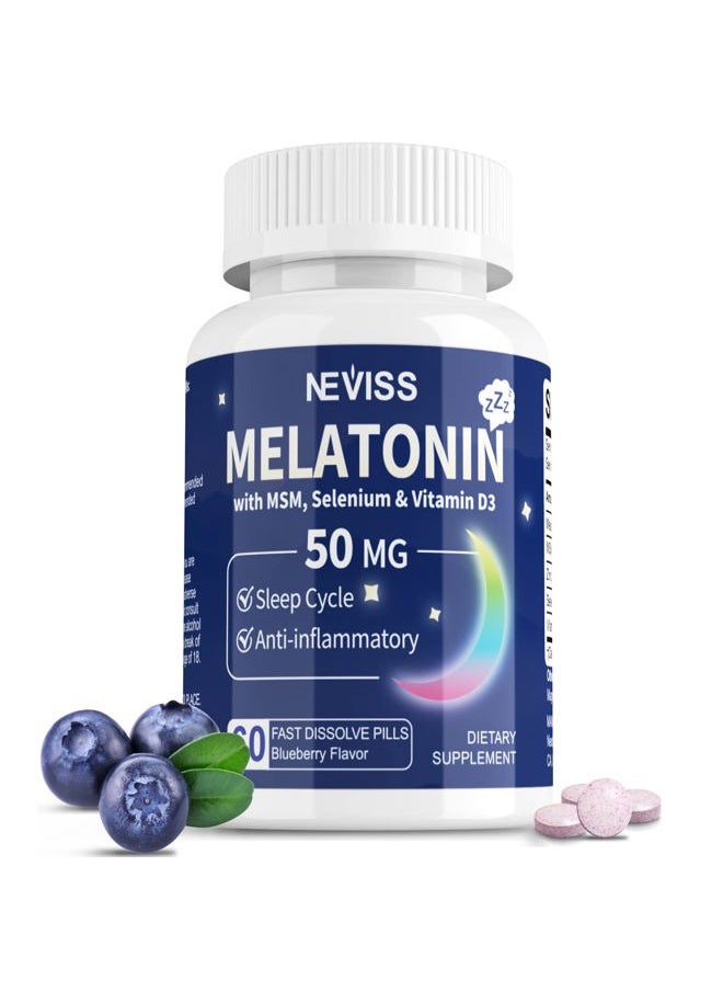 NEVISS - Melatonin 50 mg for Adults - Fast Dissolve & Chewable Sublingual Melatonin Supplement - Extra Strength Melatonin with Vitamin D3 & MSM, Selenium for Health Rest Cycle, Deep Zzzs,Sugar-Free,60 Servings - Image 1