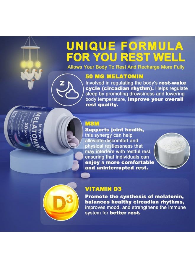 NEVISS - Melatonin 50 mg for Adults - Fast Dissolve & Chewable Sublingual Melatonin Supplement - Extra Strength Melatonin with Vitamin D3 & MSM, Selenium for Health Rest Cycle, Deep Zzzs,Sugar-Free,60 Servings - Image 1