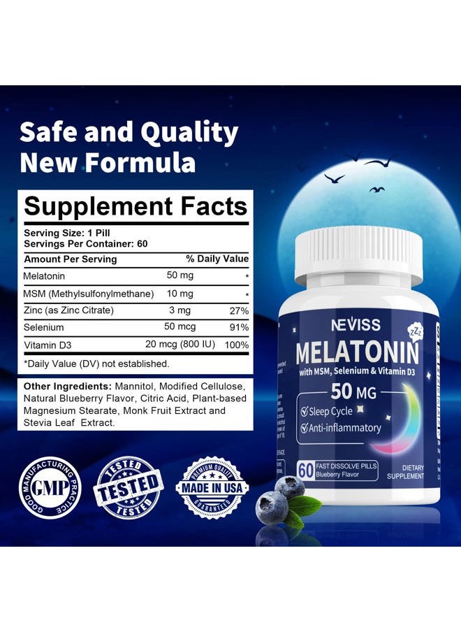 NEVISS - Melatonin 50 mg for Adults - Fast Dissolve & Chewable Sublingual Melatonin Supplement - Extra Strength Melatonin with Vitamin D3 & MSM, Selenium for Health Rest Cycle, Deep Zzzs,Sugar-Free,60 Servings - Image 1