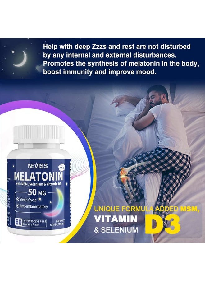 NEVISS - Melatonin 50 mg for Adults - Fast Dissolve & Chewable Sublingual Melatonin Supplement - Extra Strength Melatonin with Vitamin D3 & MSM, Selenium for Health Rest Cycle, Deep Zzzs,Sugar-Free,60 Servings - Image 1