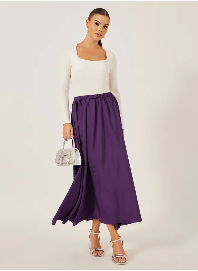ستايلي Solid Elasticated Waistband A-Line Midi Skirt