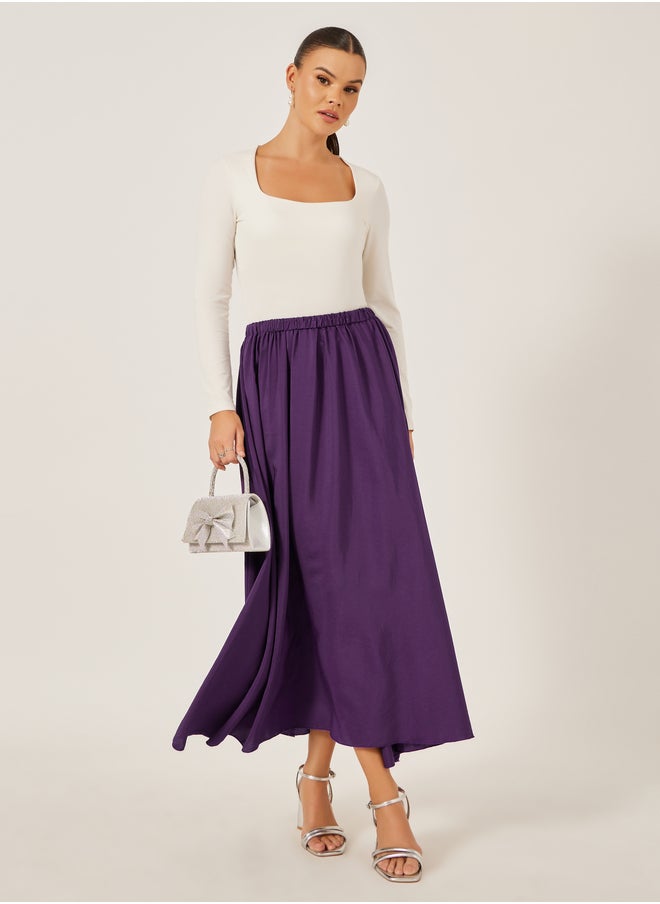 Styli Solid Elasticated Waistband A-Line Midi Skirt  - Image 1