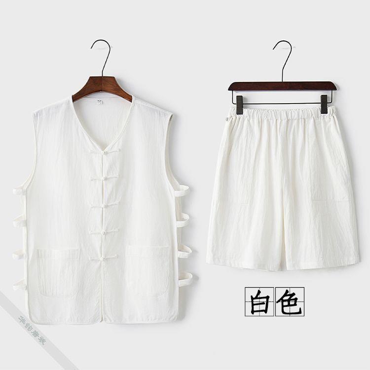Summer Tang suit mens thin vest mandarin jacket buckle vest shorts suit linen Chinese style old head shirt waistcoat vintage Black - Image 3