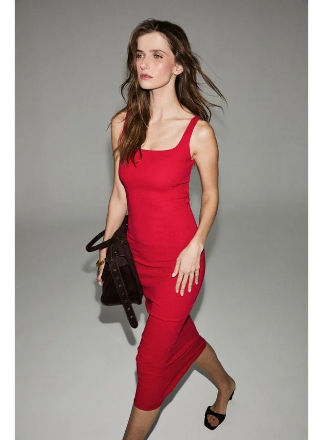 Grimelange TRESLEY Women's Soft and Stretch Fabric V-Neck Slim Fit Long Red Dress.
