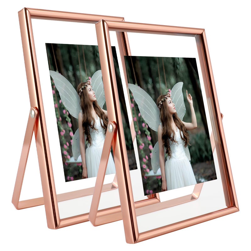AhaGo Rose Gold Floating Frame  4""x6""  Vertical  2 Set  For Picture 3.5x5  3x4 2x3  Mini Desktop Photo Frames  Classy For Holiday  Wedding  or Birthday  Home or Office D?cor - Image 1