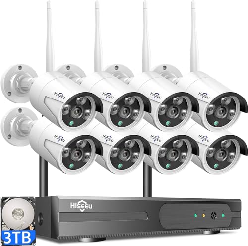 Hiseeu نظام كاميرا الأمان اللاسلكية Hiseeu Pro WiFi، مجموعة NVR 16CH 4K، 8 قطع كاميرا أمان CCTV بدقة 5MP للاستخدام الداخلي/الخارجي، رؤية ليلية، مقاومة للماء، كشف الحركة، قرص صلب سعة 3TB - Image 1