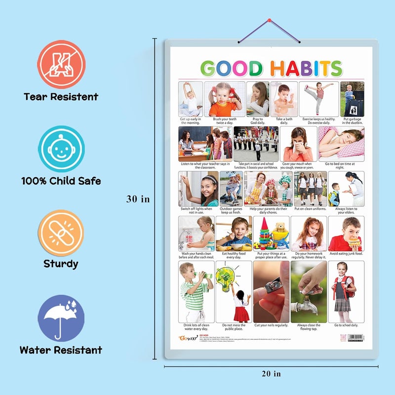 GoWoo Set of 2 Wild Animals and Good Habits Early Learning Educational Charts for Kids | 20"X30" inch |Non-Tearable and Waterproof | Double Sided Laminated ... Kindergarten and Nursery Students - Image 3
