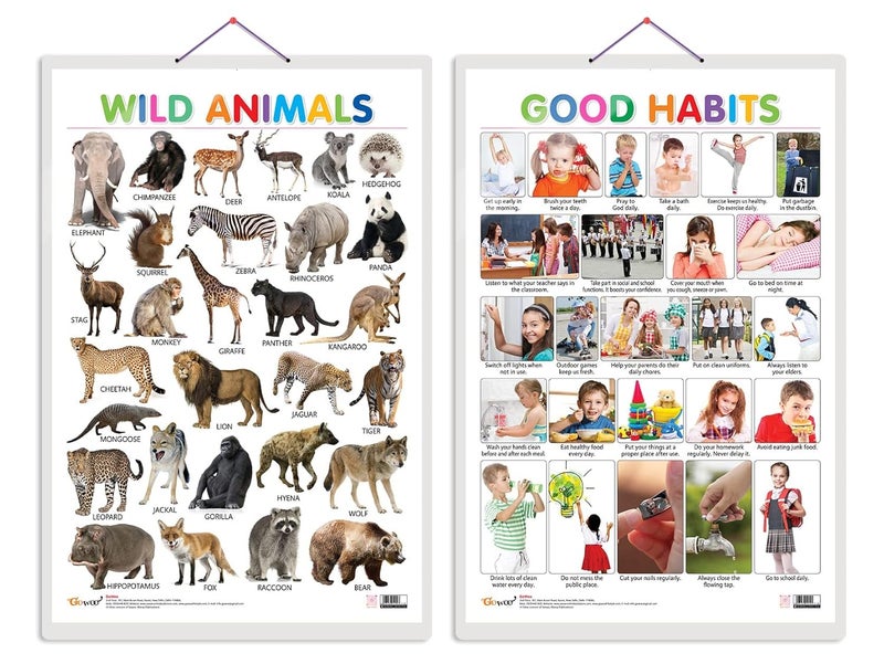 GoWoo Set of 2 Wild Animals and Good Habits Early Learning Educational Charts for Kids | 20"X30" inch |Non-Tearable and Waterproof | Double Sided Laminated ... Kindergarten and Nursery Students - Image 1
