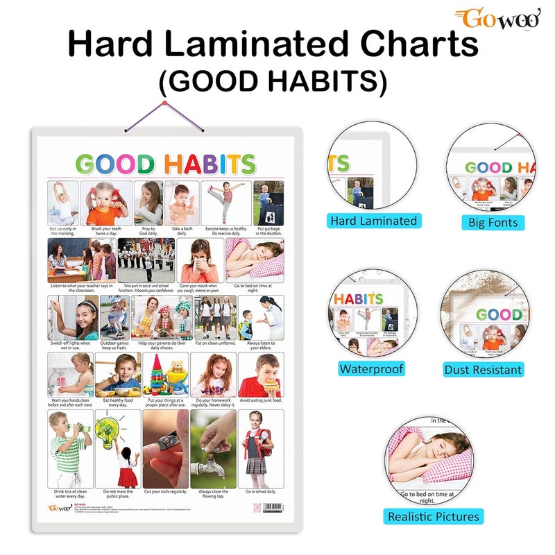 GoWoo Set of 2 Wild Animals and Good Habits Early Learning Educational Charts for Kids | 20"X30" inch |Non-Tearable and Waterproof | Double Sided Laminated ... Kindergarten and Nursery Students - Image 2