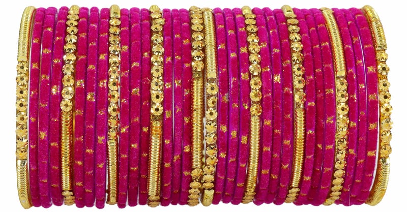 NMII Fancy Glass Golden Beads & Polka Dots Velvet Bangles Set For Women and Girls | Stylish Designer Bangles | Glass Chudi | Women's Fashion Jewellery, (Spring Set-(2)-Magenta-2.8 Inches) - Image 1