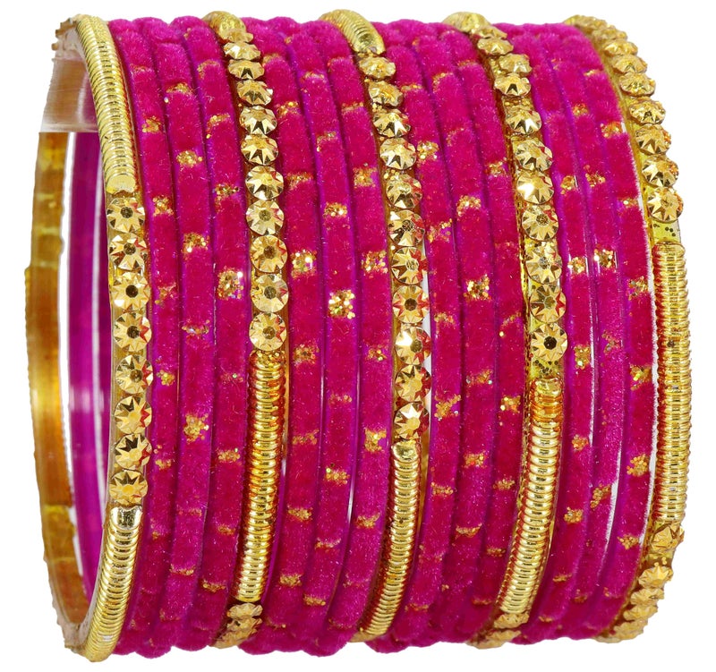 NMII Fancy Glass Golden Beads & Polka Dots Velvet Bangles Set For Women and Girls | Stylish Designer Bangles | Glass Chudi | Women's Fashion Jewellery, (Spring Set-(2)-Magenta-2.8 Inches) - Image 3