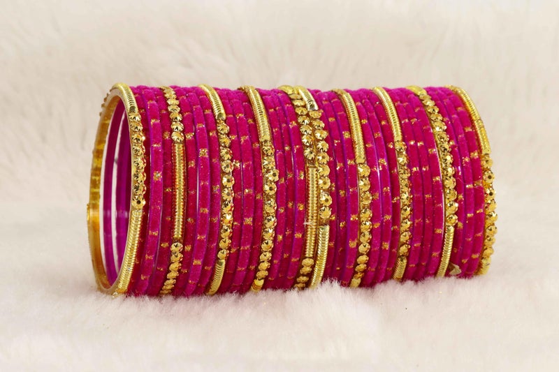 NMII Fancy Glass Golden Beads & Polka Dots Velvet Bangles Set For Women and Girls | Stylish Designer Bangles | Glass Chudi | Women's Fashion Jewellery, (Spring Set-(2)-Magenta-2.8 Inches) - Image 2