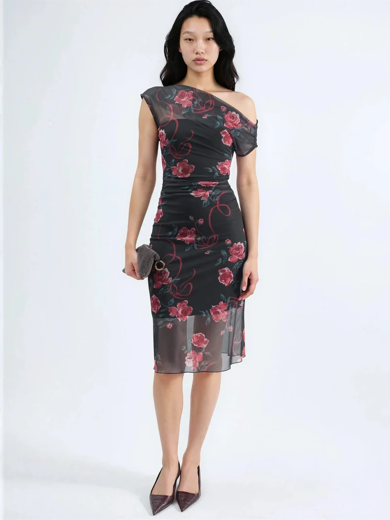 HICCUP Asymmetrical Collar Flowering Midi Dress