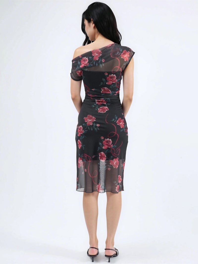 HICCUP Asymmetrical Collar Flowering Midi Dress - Image 5