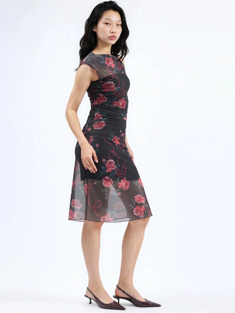 HICCUP Asymmetrical Collar Flowering Midi Dress - Image 4