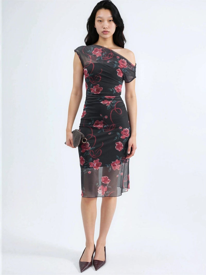 HICCUP Asymmetrical Collar Flowering Midi Dress - Image 3