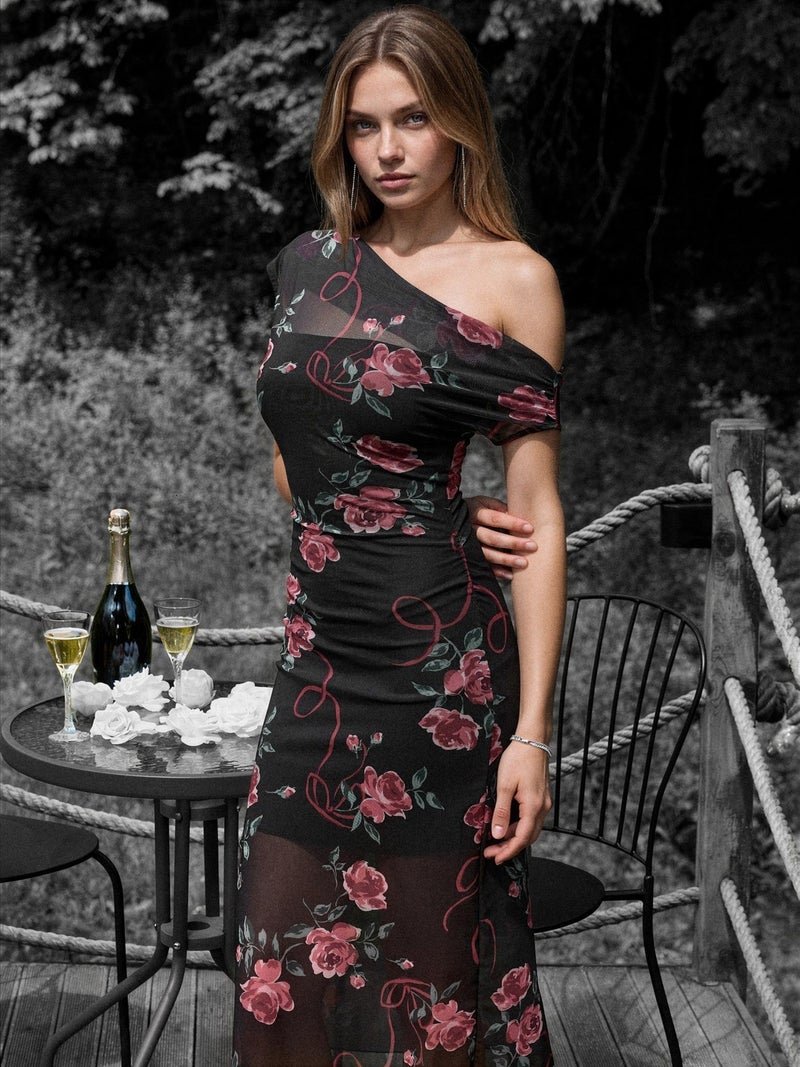 HICCUP Asymmetrical Collar Flowering Midi Dress - Image 2