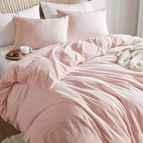 Hyde Lane Linen Duvet Cover Set King Size, 3Pcs Textured French Flax Linen Cotton Blend Bedding Set, Natural and Organic, Soft and Breathable, with 2 Pillow Shams, 104"x90", Pink - Image 1