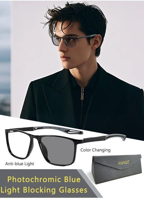 Men's Blue Light Blocking Glasses Anti UV and Glare Blue Light Filter Computer Glasses Rectangular Color Changing Anti Eyestrain Headache Sports Eyewear with Super Light TR Frame Black Grey 55mm