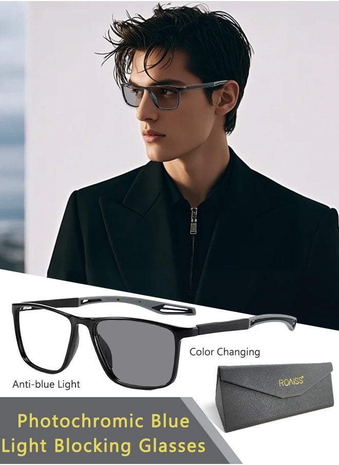roaiss - Men's Blue Light Blocking Glasses Anti UV and Glare Blue Light Filter Computer Glasses Rectangular Color Changing Anti Eyestrain Headache Sports Eyewear with Super Light TR Frame Black Grey 55mm - Image 1
