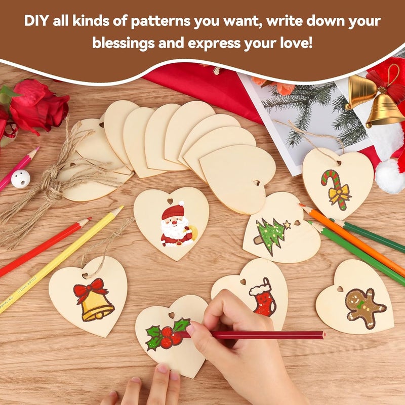 yongqing 50 Piece Wooden Hearts Craft Kit, 8cm Hanging Hearts With Hemp Rope, For Garden, Home, DIY Art, Valentine's Decor - Image 2