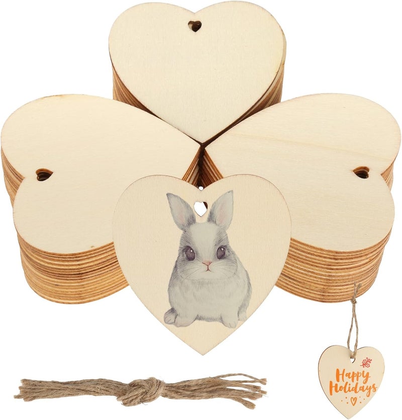 yongqing 50 Piece Wooden Hearts Craft Kit, 8cm Hanging Hearts With Hemp Rope, For Garden, Home, DIY Art, Valentine's Decor - Image 1